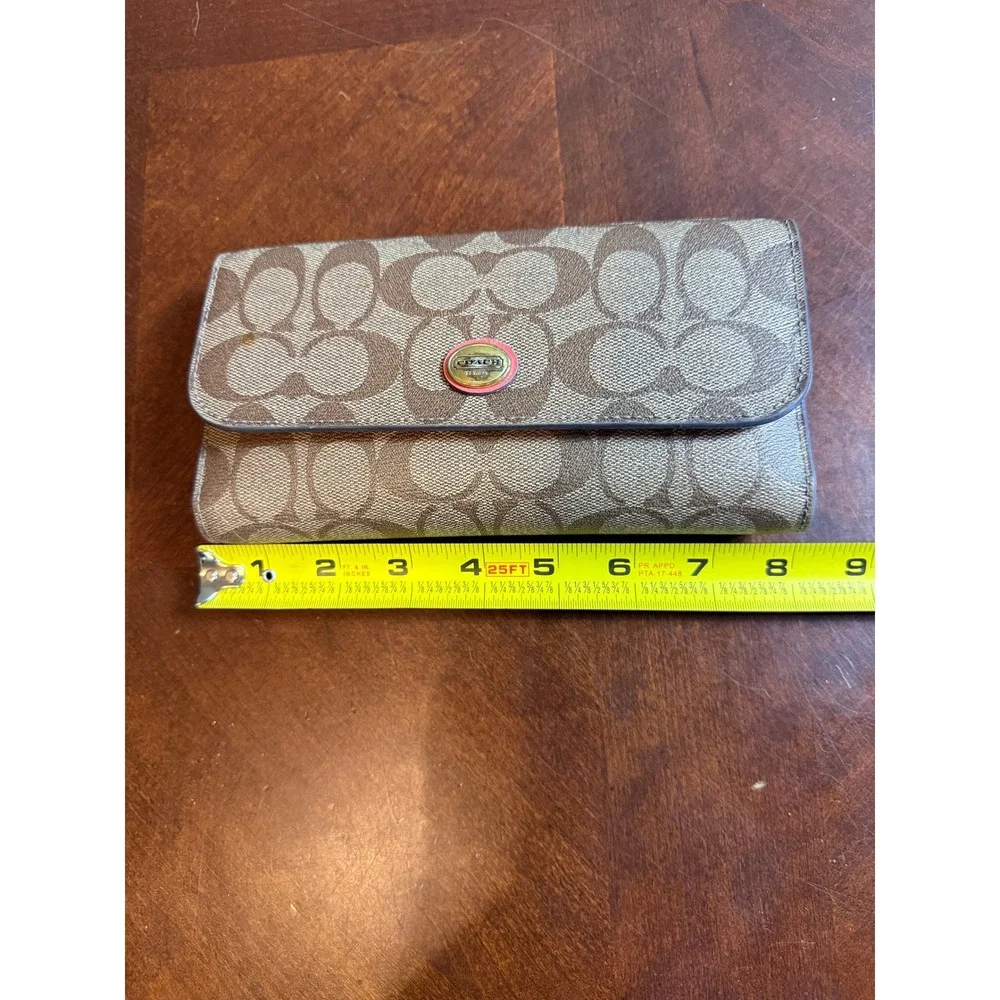 Coach Signature Coated Canvas Slim Envelope Wallet Brown Pink Gold Logo Plaque